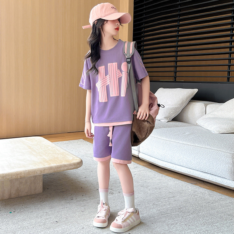 Girls' summer outfit set  new style, trendy and chic two-piece set for girls, perfect for casual wear and easy matching, available in sizes for mid-to-large children
