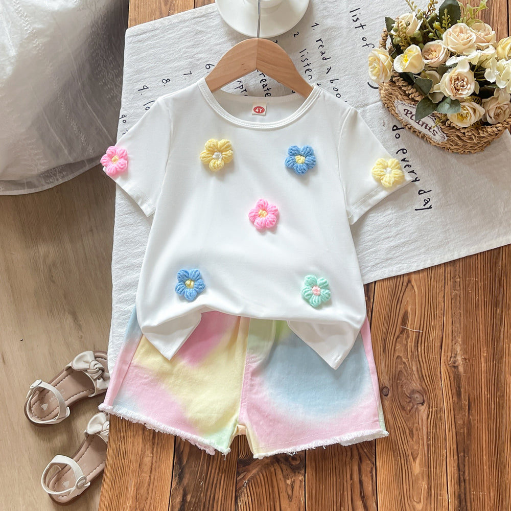 new cross-border girls' round neck 3d floral top + iridescent denim pants two-piece set