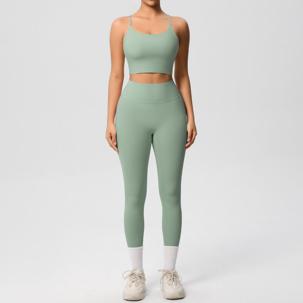New arrival: double-sided brushed solid color seamless back compression yoga set - breathable workout outfit for running and fitness (two-piece)
