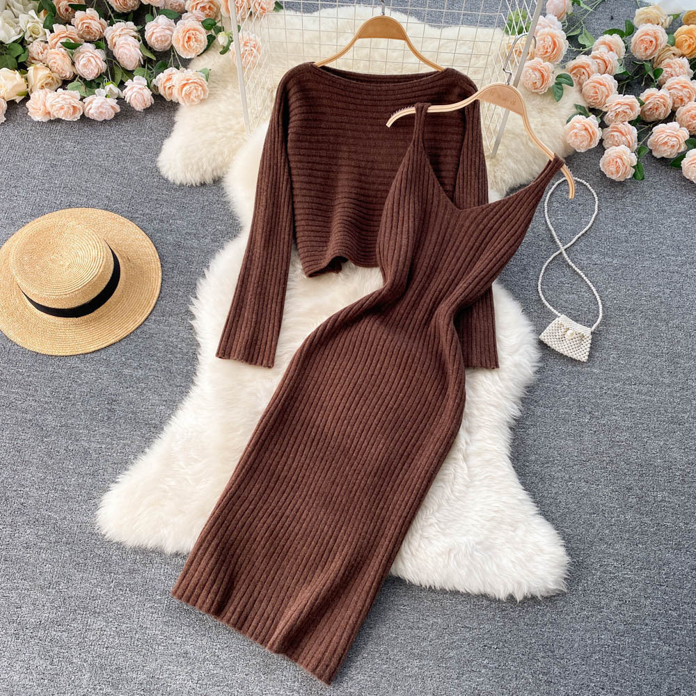 Hong kong style retrochicshortknitting shirt tops suspender v neckelegant hip-hugging dress layered two-piece set