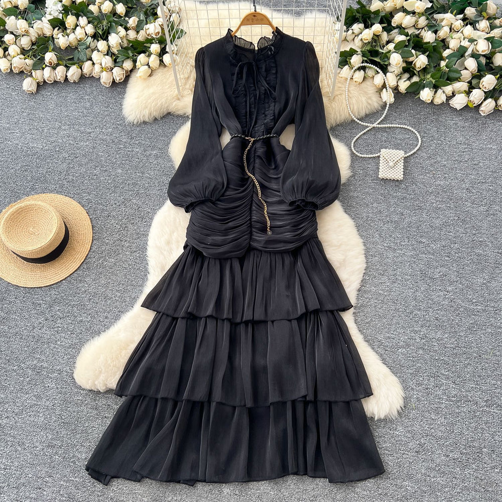 French dress women's  new arrival high-end lace patchwork cinched waist lantern sleeve ruffle hem long evening gown