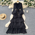 French dress women's  new arrival high-end lace patchwork cinched waist lantern sleeve ruffle hem long evening gown