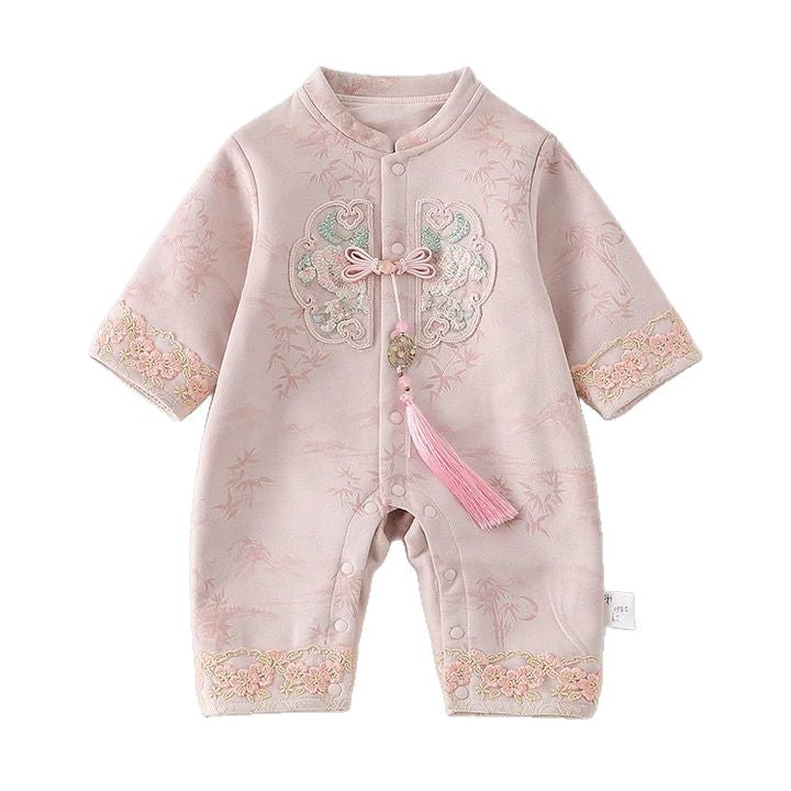 Newborn full month, 100-day, and first birthday baby rompers - chinese style bodysuits, traditional outfits, crawling suits, spring/autumn formal wear, trendy styles