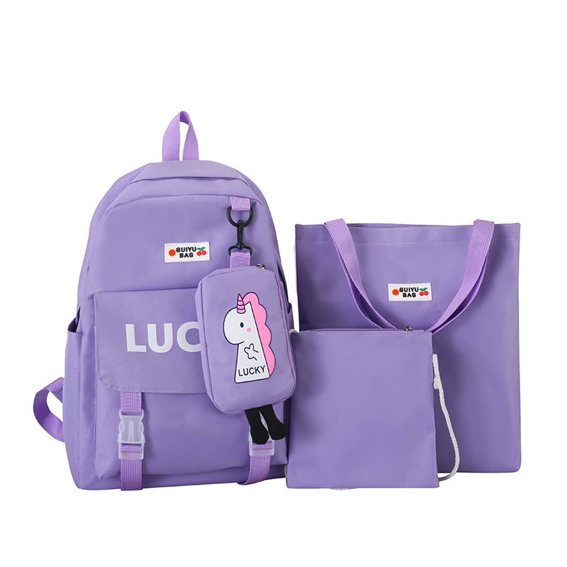 Manufacturer wholesale schoolbag female primary and secondary school students four-piece set third grade Korean version small fresh large capacity backpack to reduce the burden
