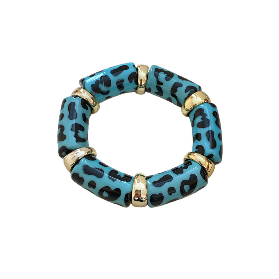 Leopard print acrylic bracelet wholesale - european and american style, edgy & sweet, statement jewelry, high-end aesthetic, color block stretch bracelet