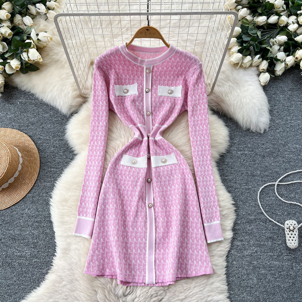 Xiaoxiangfengclassyfashionablecontrast color round neck long sleeves waist knittingdress women's slimming lookelegant a-line skirt women