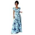 european and american new light blue floral maxi dress - v-neck, ruffle flutter sleeves, cinched waist, tie-waist, long floral print dress