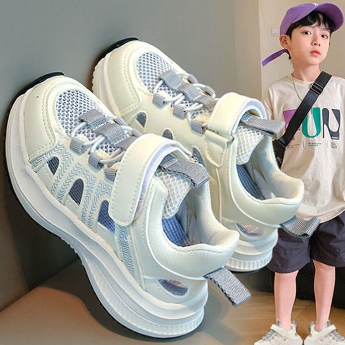 Boys' athletic sandals - new  spring collection: soft-soled, hollow-out design, lightweight white mesh shoes for boys, perfect for older kids