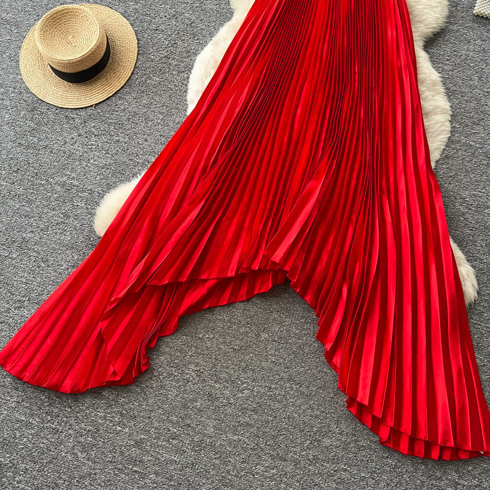 Vacation style red halterasymmetricaldress women's k-style high waistpleated skirt sleeveless a-line skirt classy sense