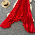 Vacation style red halterasymmetricaldress women's k-style high waistpleated skirt sleeveless a-line skirt classy sense