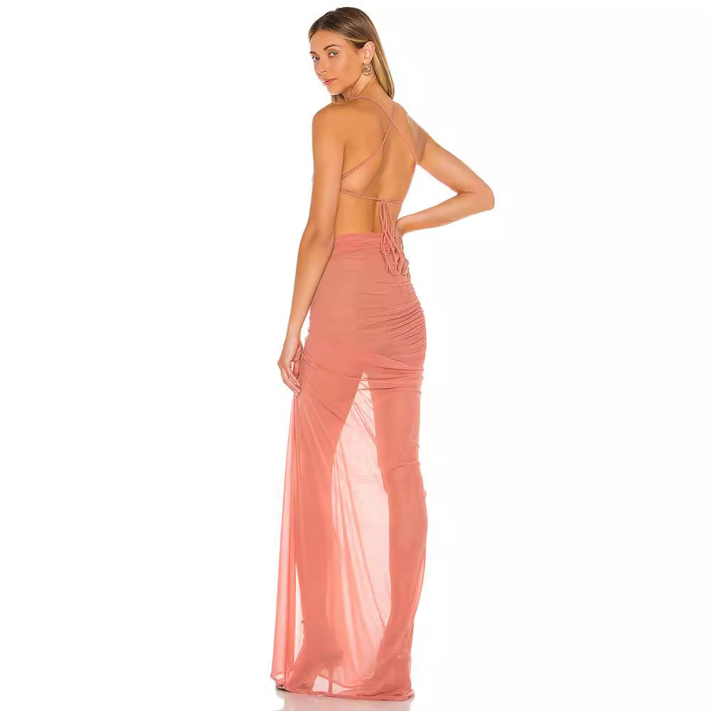 Amazon  independent station cross-border best selling women's sexy see-through high slit backless suspender dress