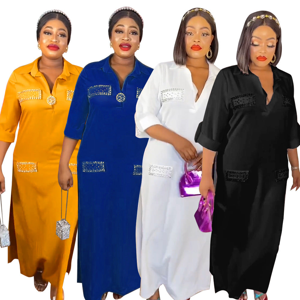 Aliexpress tiktok african women's new arrival shiny silk satin loose plus size dress with free butterfly brooch