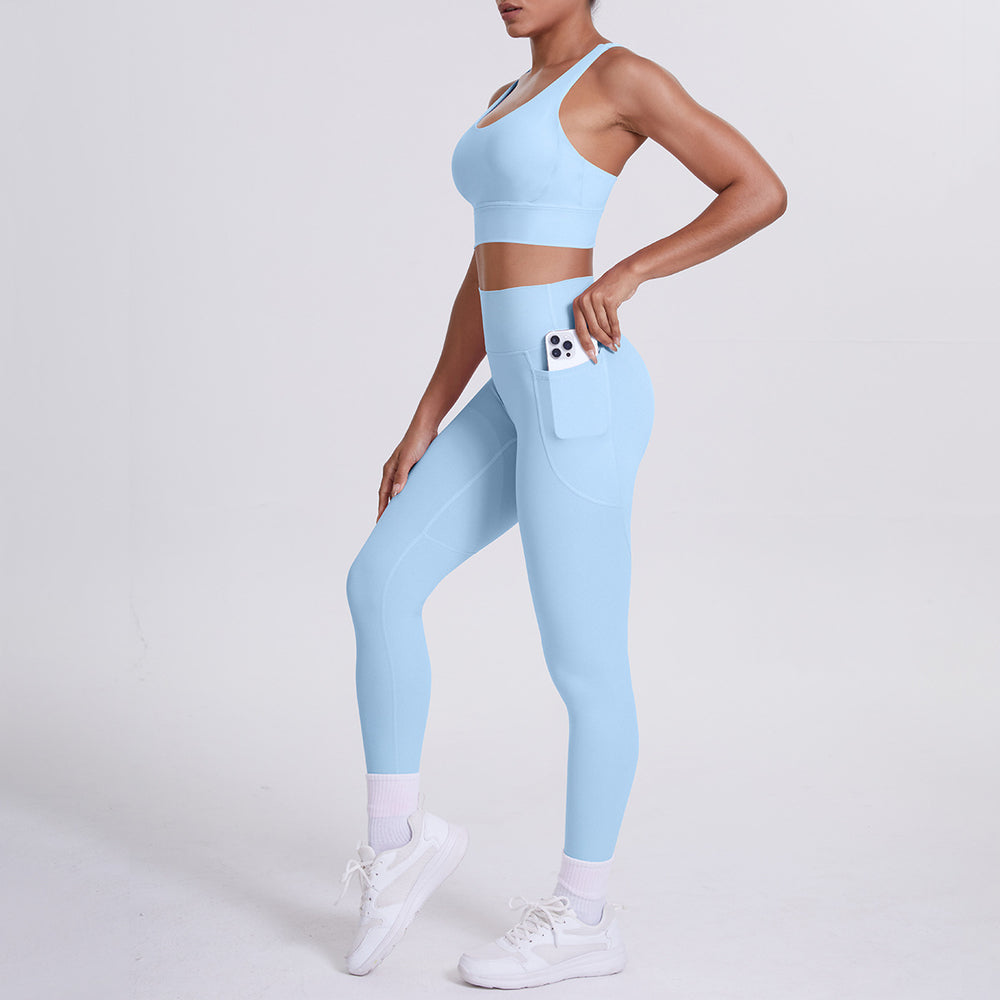 New arrival cross beautiful back cloud sense tight yoga suit suit women's high waist hip pocket sports fitness suit two-piece set
