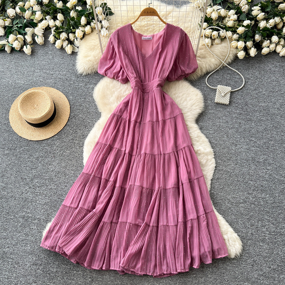 Frenchv neck small diamond elegantdress women's summer k-style waist slimming look a-line cake long skirt dopamine style