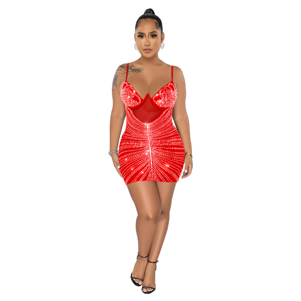 C6257 cross-border   fashion women's rhinestone mesh cami sleeveless mini dress