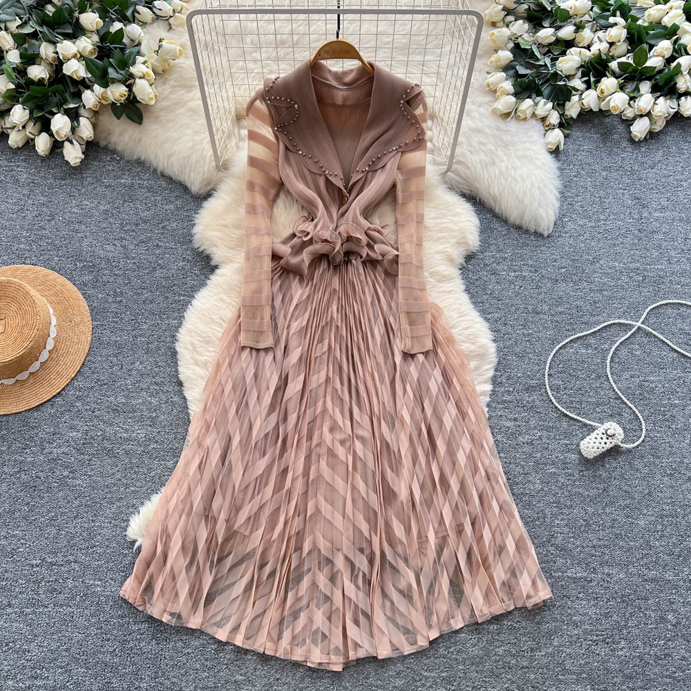 European and american fashion high-end elegant heavy beaded suit collar long sleeve cinched waist ruffle trim mesh panel dress for women