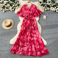 Women's spring dress : french chic tie-waist v-neck asymmetrical print chiffon maxi dress