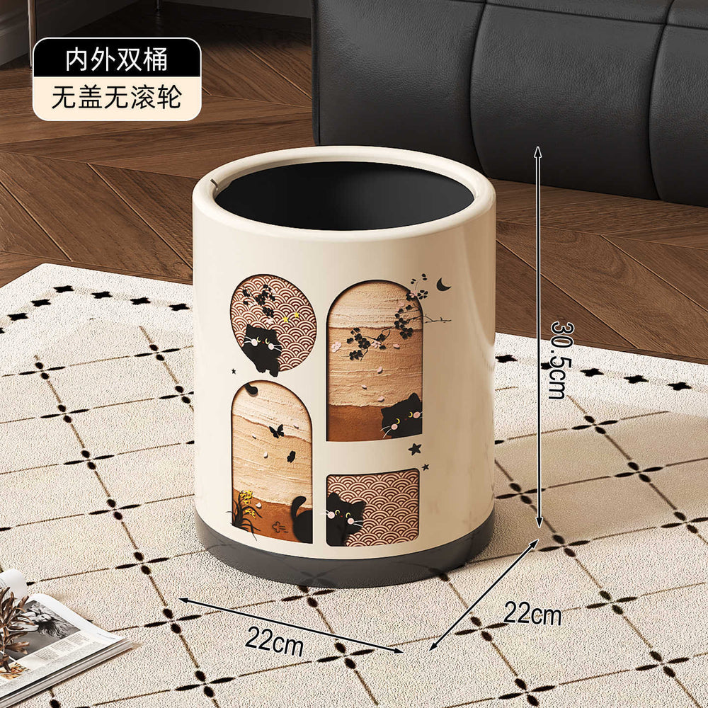 Retroins style little black cat printing trash can with pulleys for home high-looking living room kitchen large garbage basket