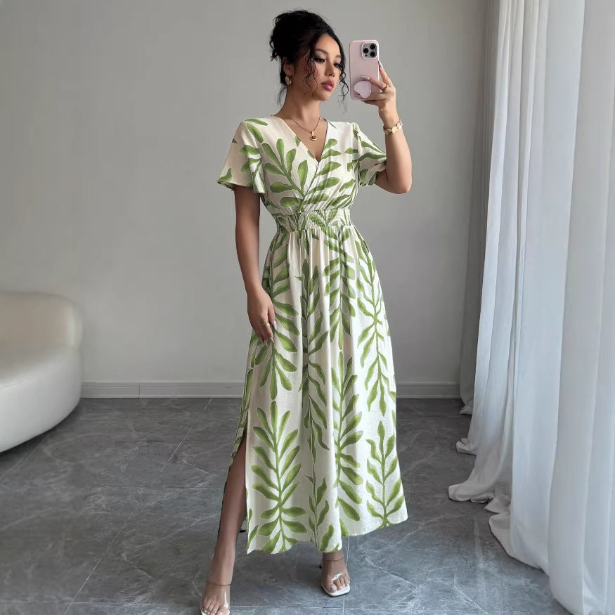 Amazon cross-border  summer new arrival: fresh seaside vacation style cami dress - fitted waist green leaf print dress