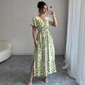 Amazon cross-border  summer new arrival: fresh seaside vacation style cami dress - fitted waist green leaf print dress