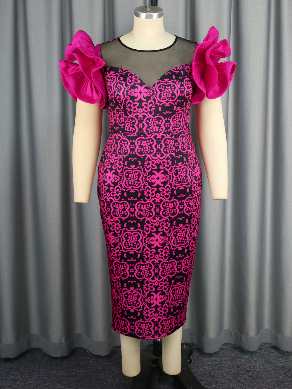 Am040101 european and american mesh panel see-through dress - elegant petal sleeve printed a-line dress