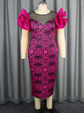 Am040101 european and american mesh panel see-through dress - elegant petal sleeve printed a-line dress