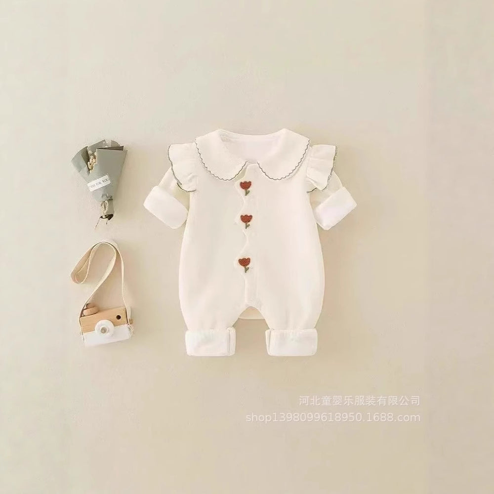 Newborn baby long-sleeve romper - princess style, autumn outfit, cute bodysuit, double-layer crawling suit
