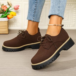 autumnew arrival cross-border plus size medium heel square heel flats women's k-style round toe tie backexport loafers women's flats