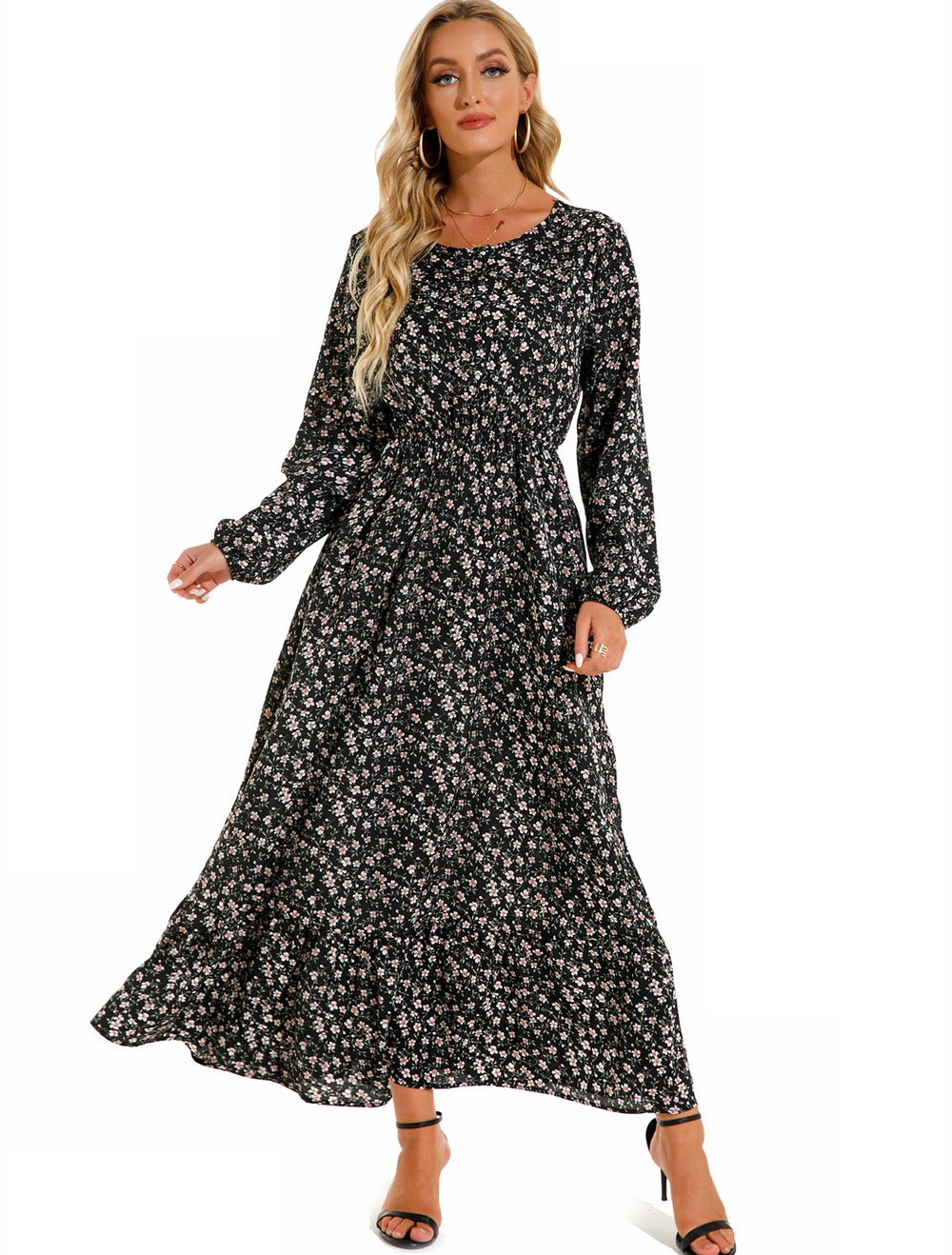 Shopee tk floral dress women's french round neck waist long light mature classysense slimming look cross-border early spring style