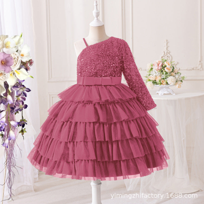 Export cross-border dress girl's oblique shoulder suspender cake skirt sequin strap bowskids princess skirt tutu skirt