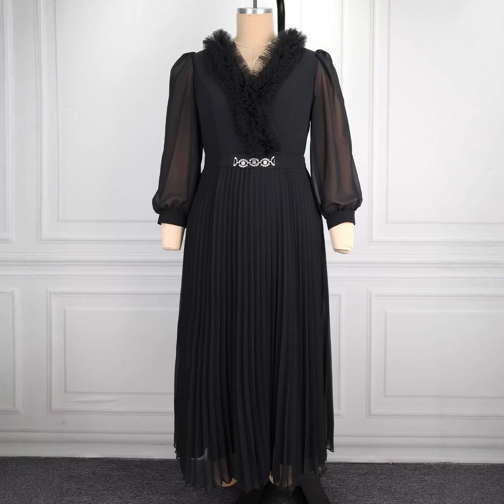 African plus size black dress - raw hem design, v-neck, sheer chiffon sleeves, belted pleated skirt