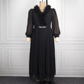 African plus size black dress - raw hem design, v-neck, sheer chiffon sleeves, belted pleated skirt