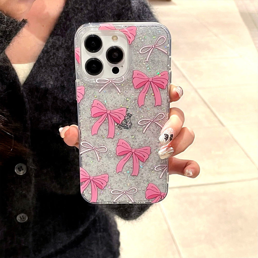 Glue glitter powder suitable for iphone16promax simple bow mobile phone case apple 12 large hole protective cover 15