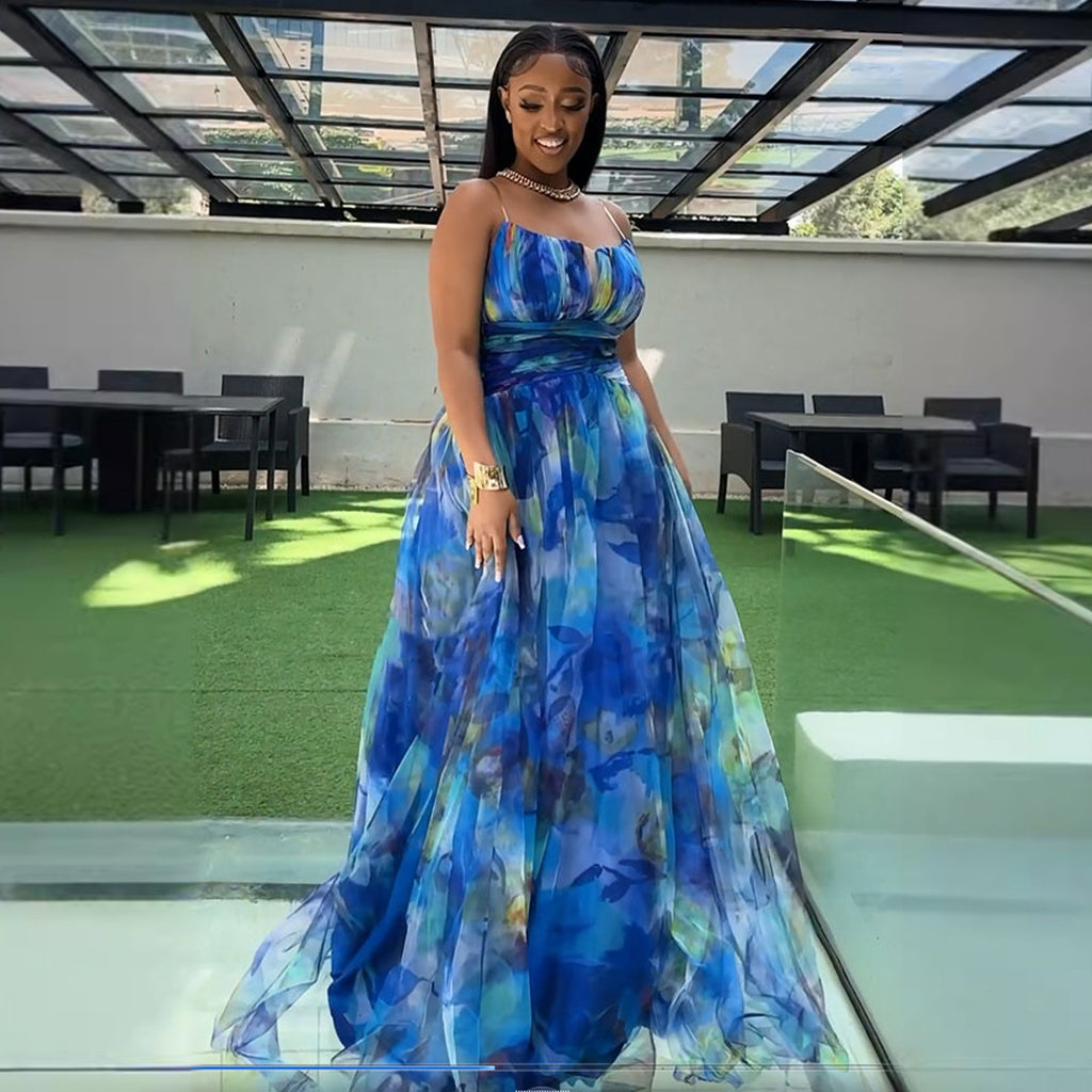 S10899 European and American, mesh stitching waist split suspender dress dress dress