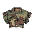 European and american style camouflage short-sleeve jacket -  cross-border women's streetwear turn-down collar ruffle sleeve denim jacket