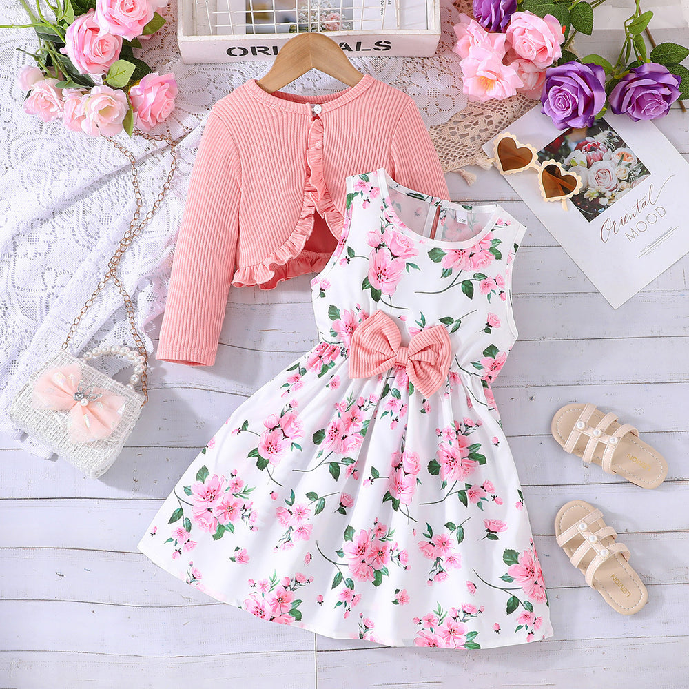 spring/autumn collection: girls' colorful sundress + solid color cardigan - stylish and elegant new arrival for little ladies