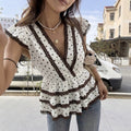Exportfashion gentle style lacetops small wave pointcontrast colorlacev neck flying sleeves layered ruffle tops
