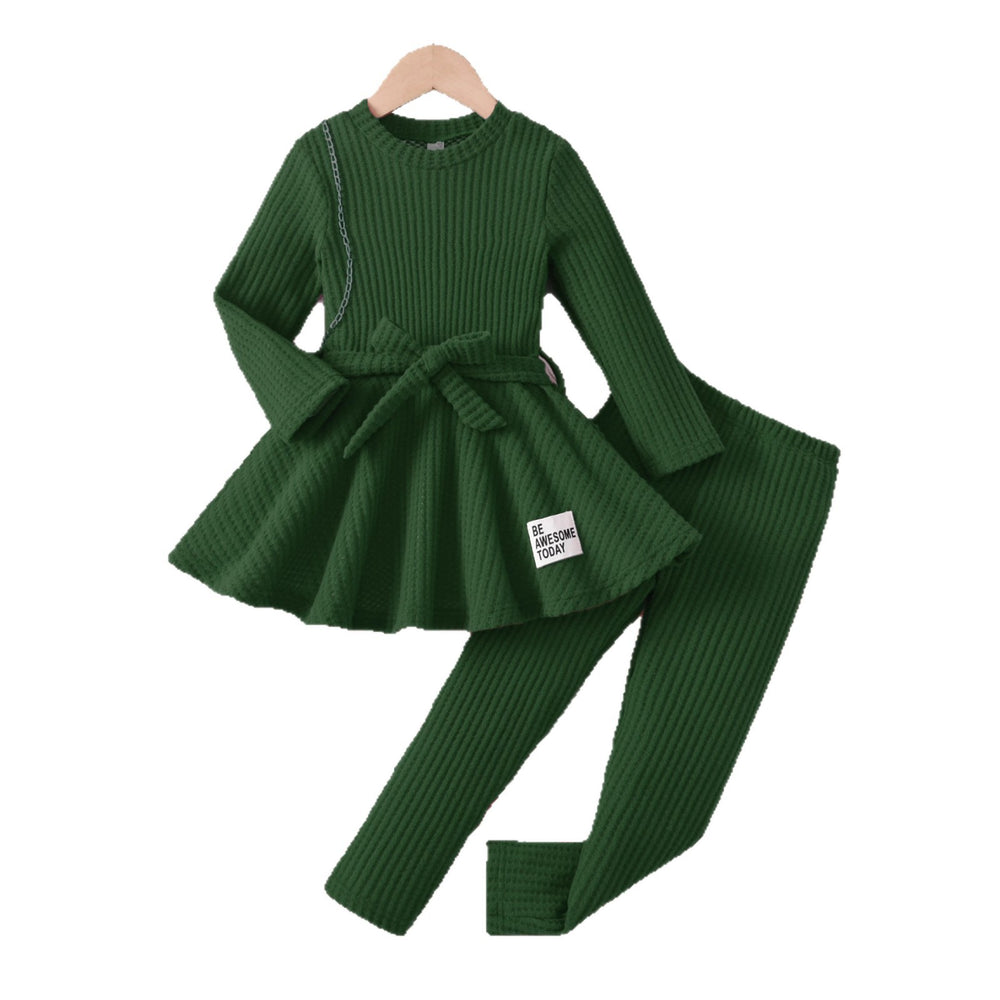 girls' autumn outfit: green ruffle skirt top and pants set - perfect for autumn loungewear or playtime