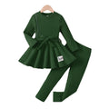 girls' autumn outfit: green ruffle skirt top and pants set - perfect for autumn loungewear or playtime