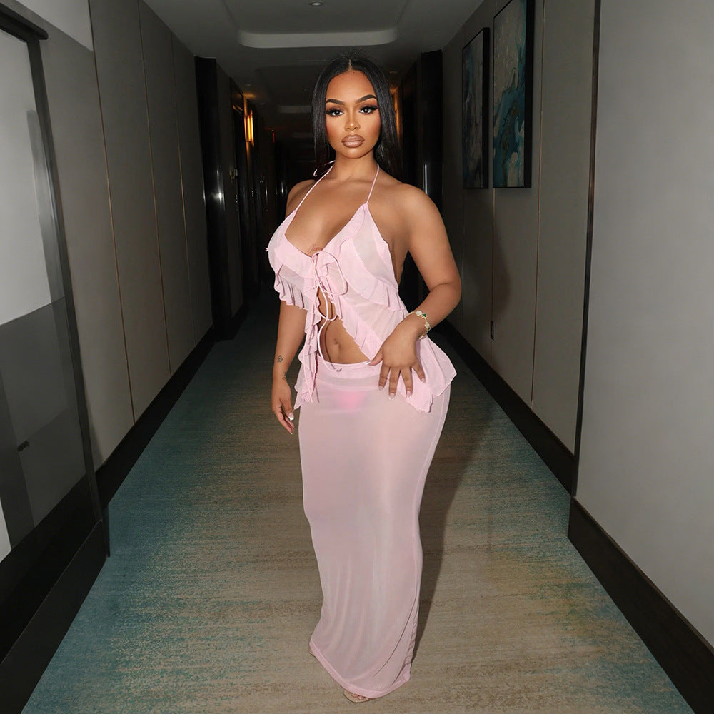 CY901892 European and American sexy perspective suit strappy sleeveless cardigan with fashionable skirt long skirt two-piece set women