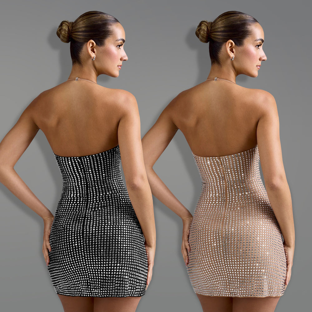 C7481 cross-border   fashion women's sexy halter neck rhinestone arm cover mini dress