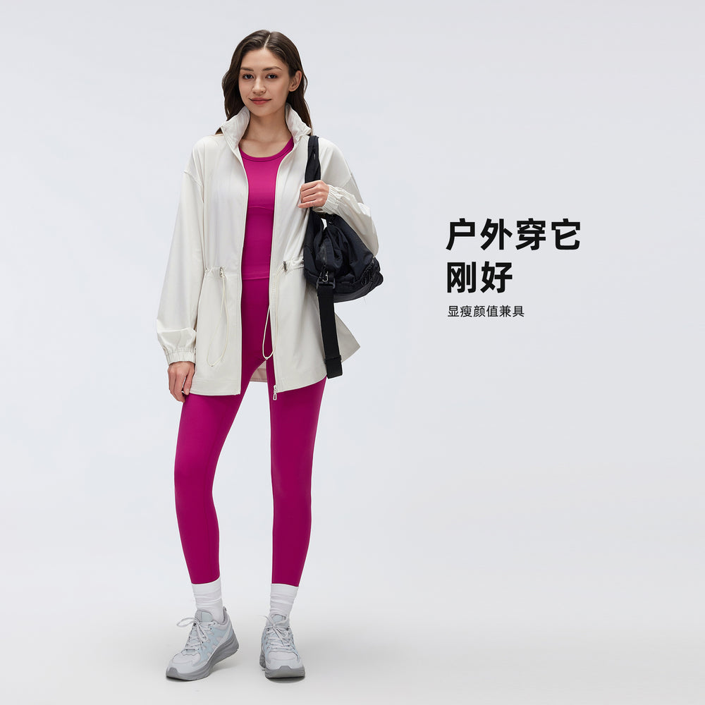 Storable hooded stand-up collar sports outwear women's drawstring waist slimming look medium longcardigan zipper jacket d26066