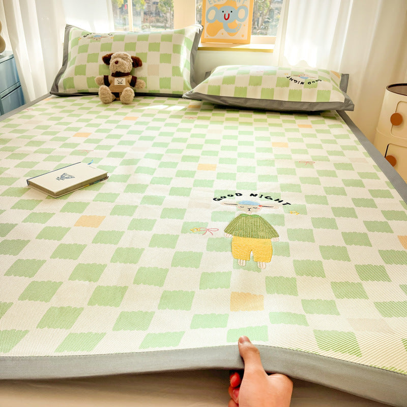 Summer ice rattan mat three-piece cartoon mattress foldable embroidered ice silk mat can sleep naked air conditioner soft mat