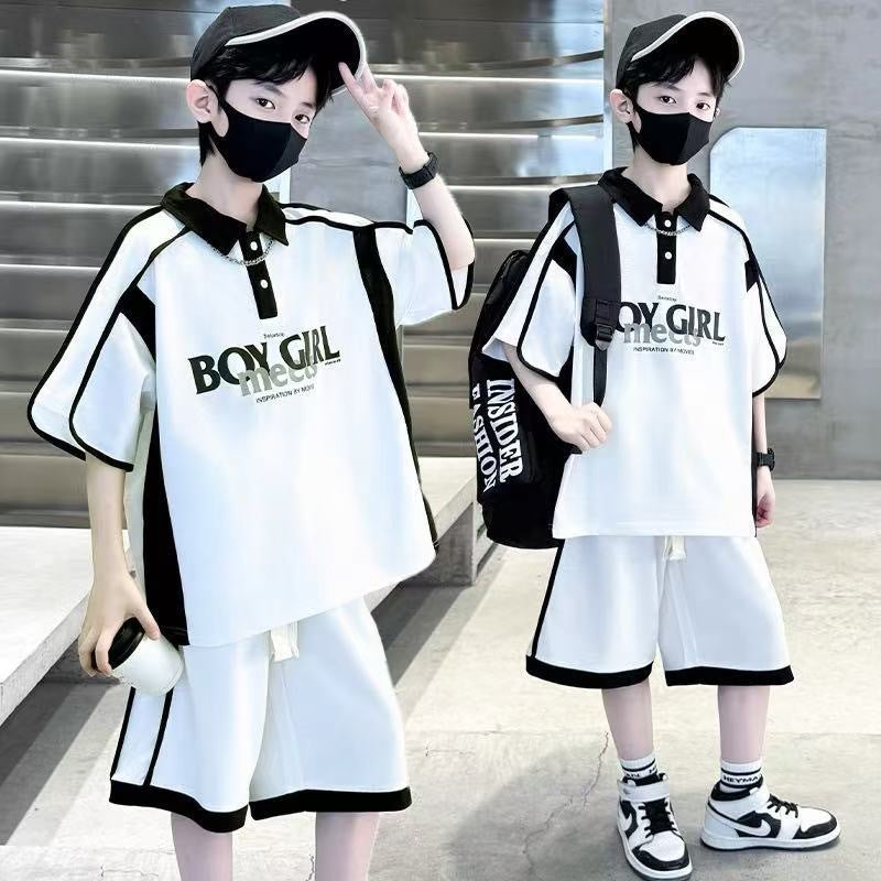 Boys' summer outfit set  new kids' short sleeve two-piece set boys' summer casual waffle knit polo shirt trendy