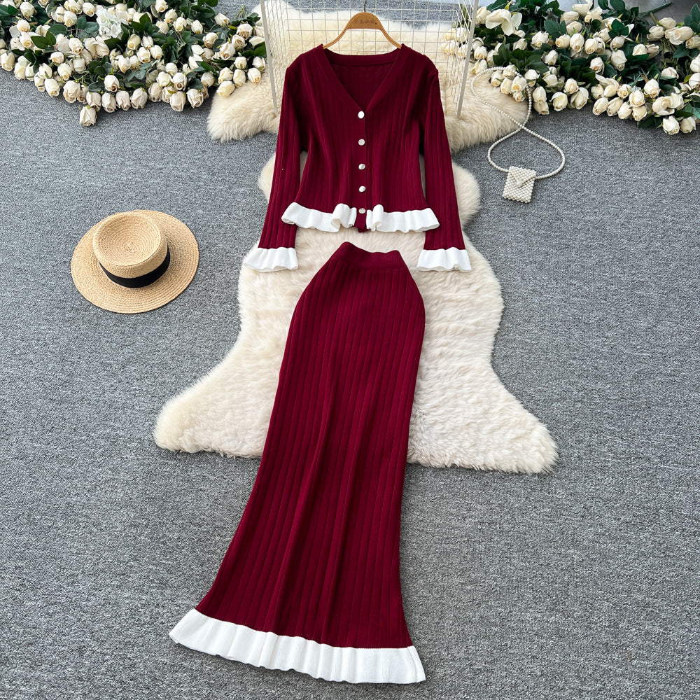 French chic two-piece set: women's fashionable color block v-neck long sleeve ribbed knit top with bodycon midi skirt