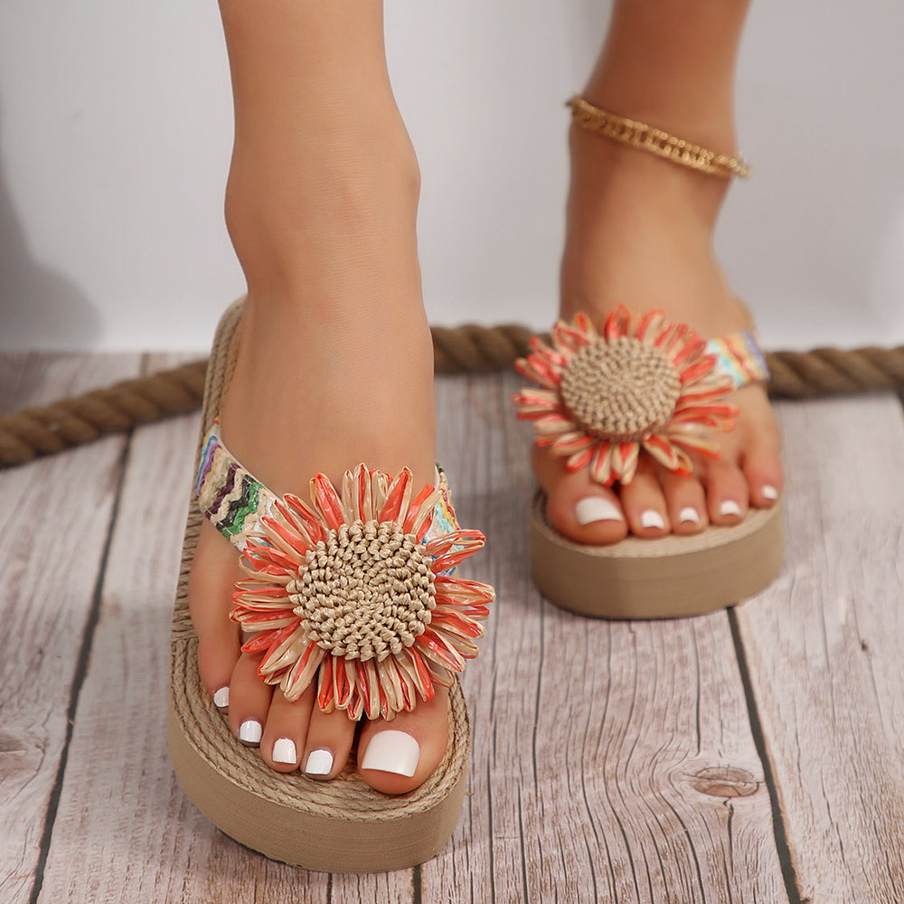 Women's flip-flops: summer fashion, straw woven, outdoor wear, beach-ready, non-slip, trendy floral design, korean style beach sandals