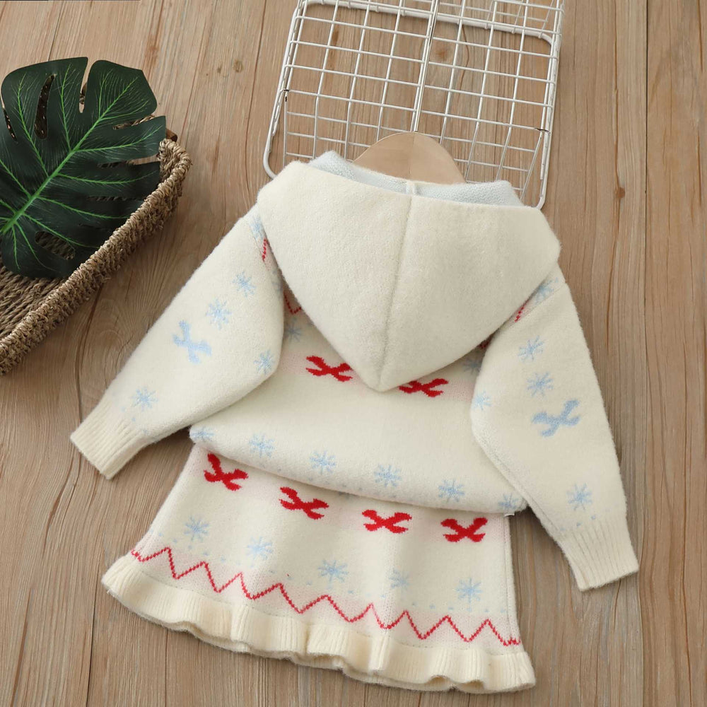 Girls' knitted outfit set -  christmas style hooded knit long sleeve zip-up cardigan jacket and skirt two-piece set