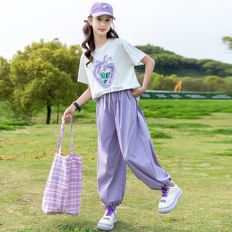 Girls' summer fashion short-sleeve outfit: stylish and trendy lightweight set for girls, ages 8-9