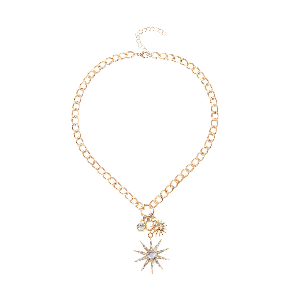 European and american cross-border light luxury high-end sun pendant necklace, personalized diamond-studded chunky chain alloy clavicle chain jewelry for women