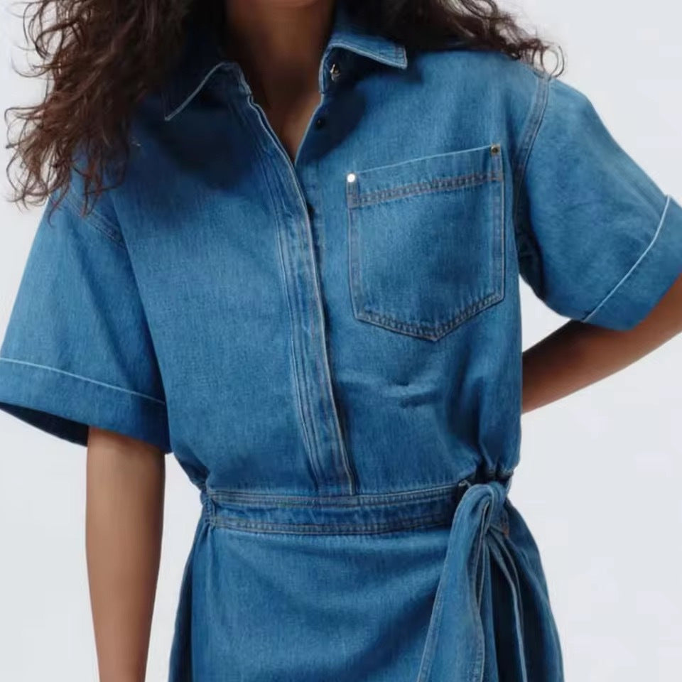 fashionretro short-sleeved denim dresssummerelegant waist dressfashioneasiest for match